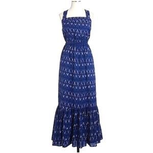 J Crew Ikat Sleeveless Ruffle Hem Blue White Cotton Midi Dress Size 6